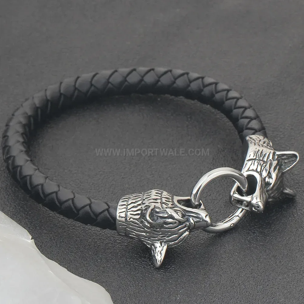 Braided Leather and Stainless Steel Double Wolf Head Bracelet