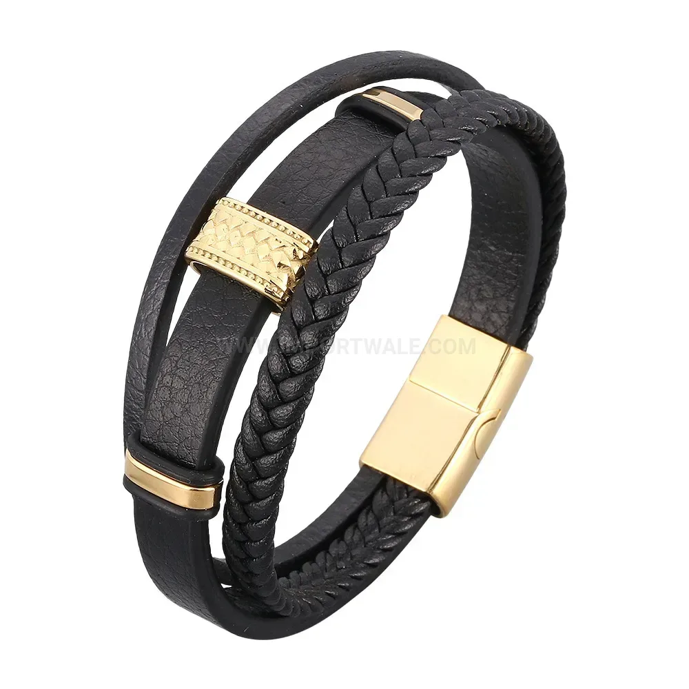 Multi-Strand Braided Leather Bracelet with Stainless Steel Accent