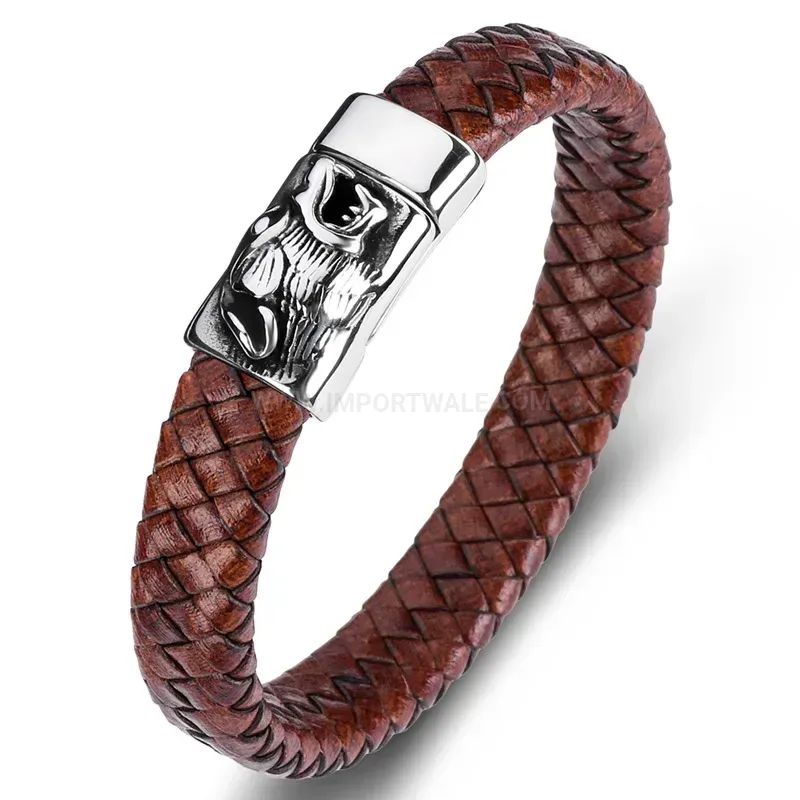 Designer Wolf Head Stainless Steel Handcrafted Leather Men's Bracelet