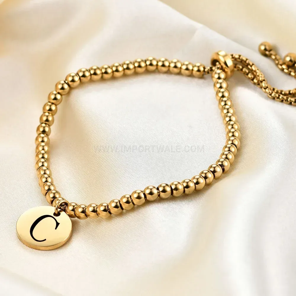 Premium Adjustable Gold-Plated Stainless Steel Bead Bracelet with Alphabet Disc