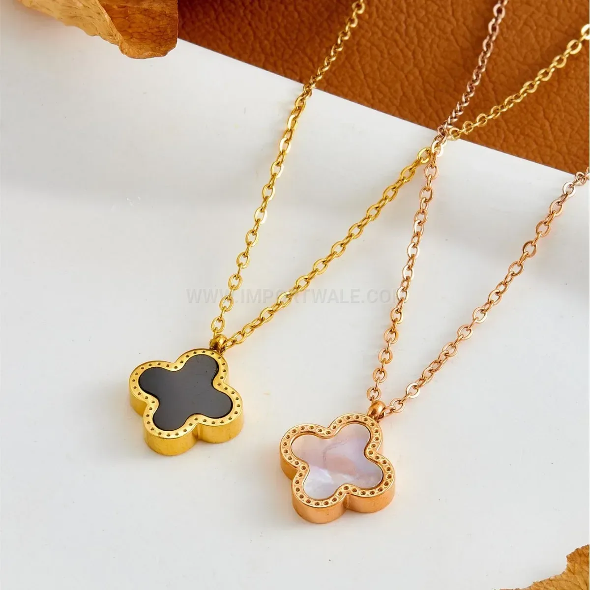 Designer Gold Double-Sided Four-Leaf Clover Stainless Steel Pendant Necklace