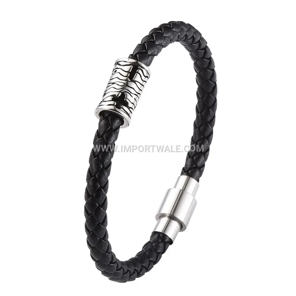 Punk Style Stainless Steel Accent Woven Leather Cord Bracelet
