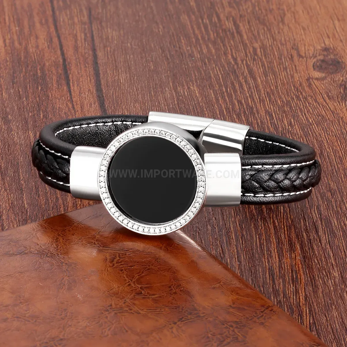 Braided Leather Stone Bracelet with Zircon Inlay and Stainless Clasp