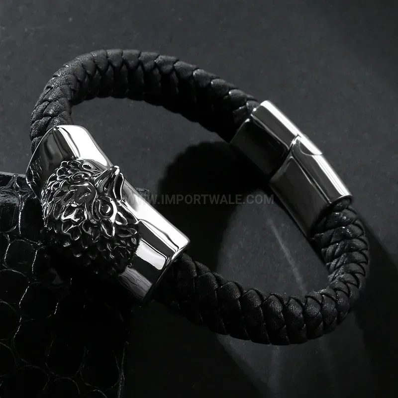 Classic Eagle Beak Stainless Steel Leather Men Wrap Bracelet