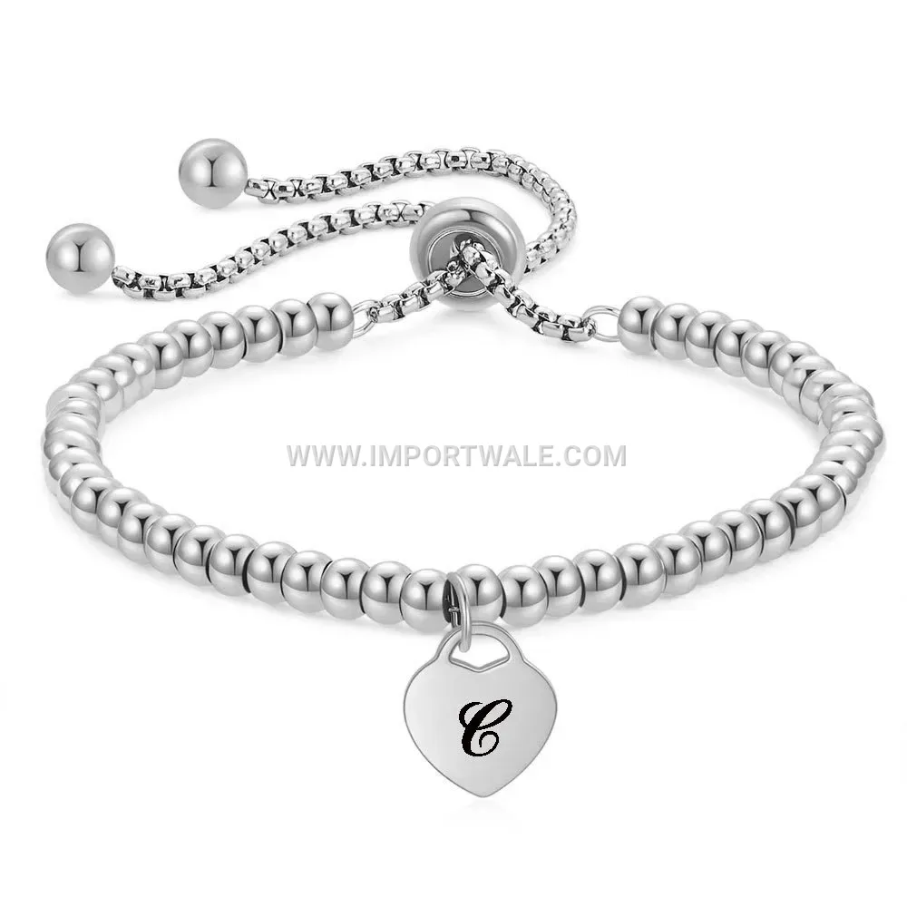 Stainless Steel Beaded Adjustable Initial Heart Bracelet