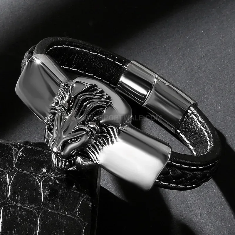 Classic Handcrafted Lion Emblem Leather and Stainless Steel Bracelet