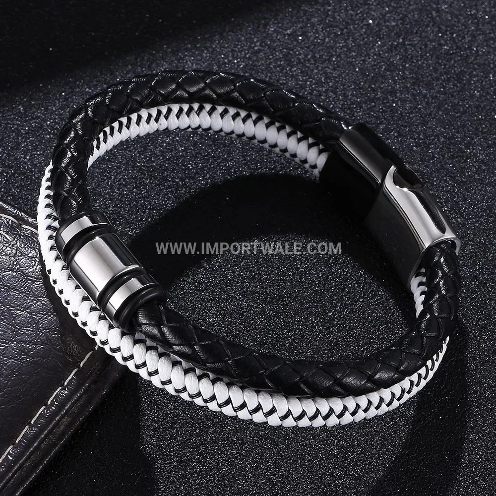 Braided Microfiber Leather Wristband with Stainless Steel Clasp