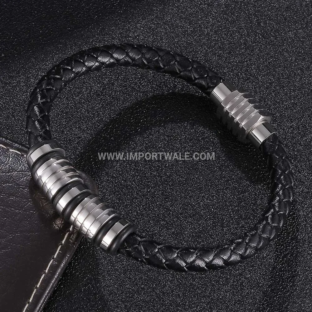 Minimalist Woven Leather and Stainless Steel Beaded Wristband