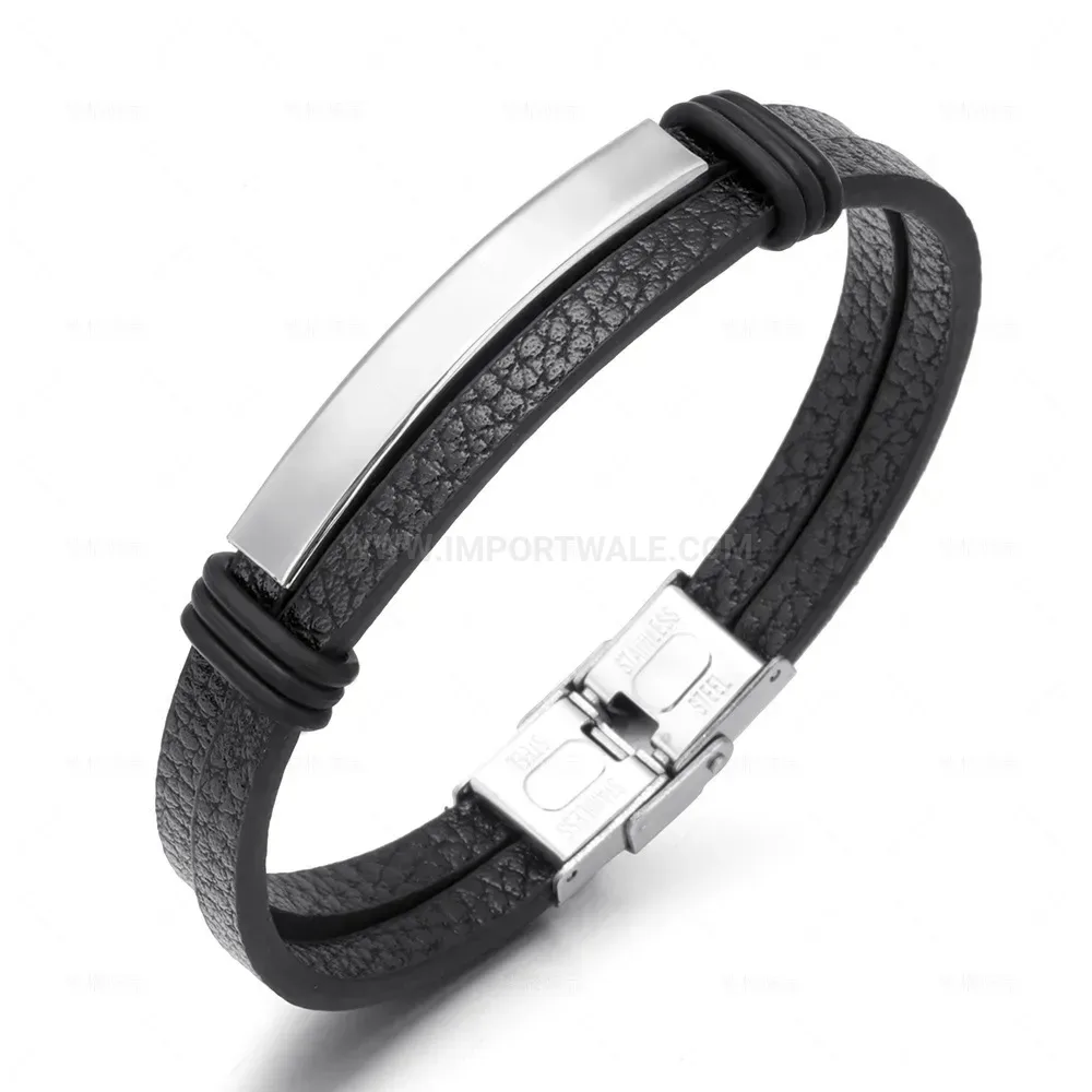 Trendy Braided Leather And Stainless Steel Tube Cuff Bracelet