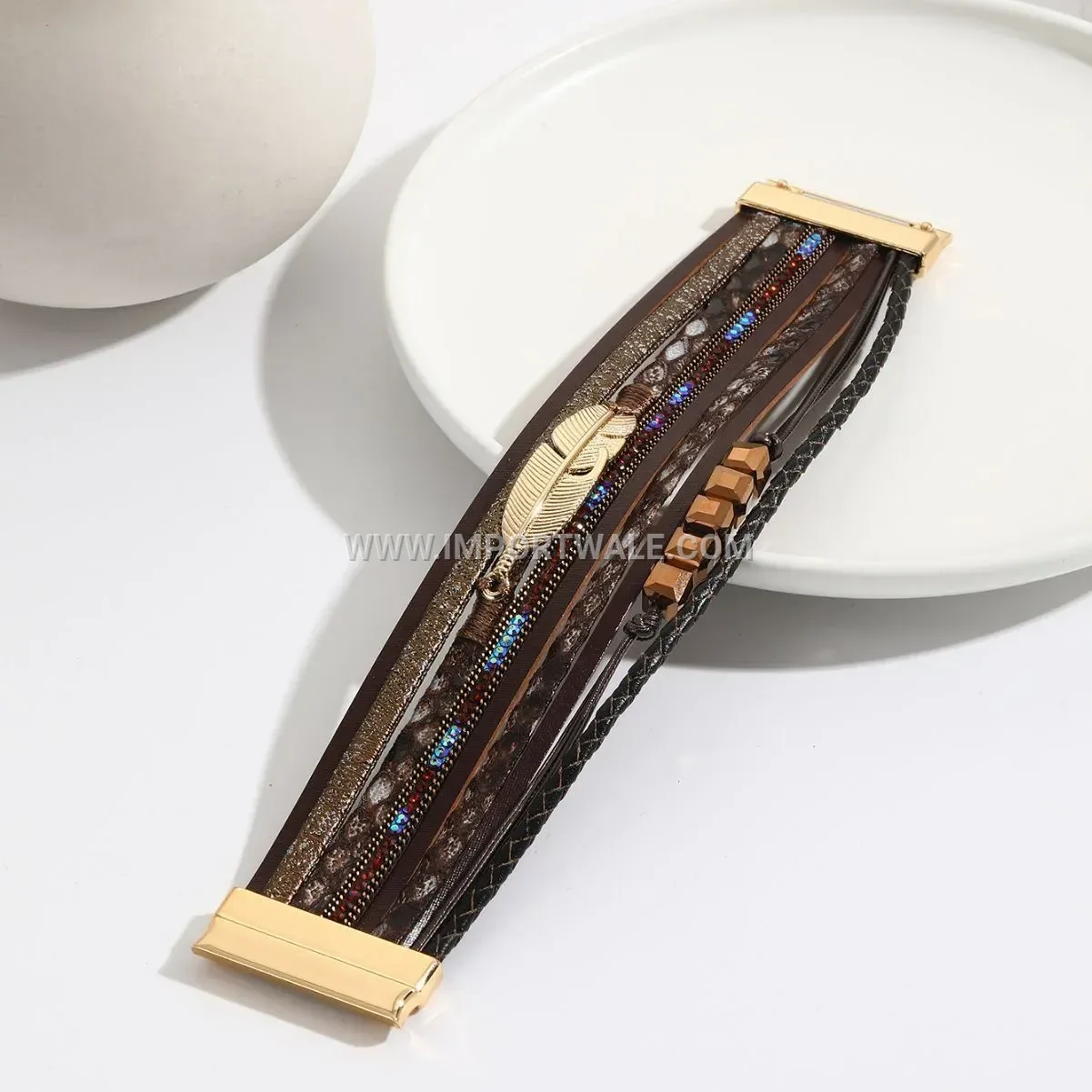 Handwoven PU Leather Feather Charm Magnetic Bracelet