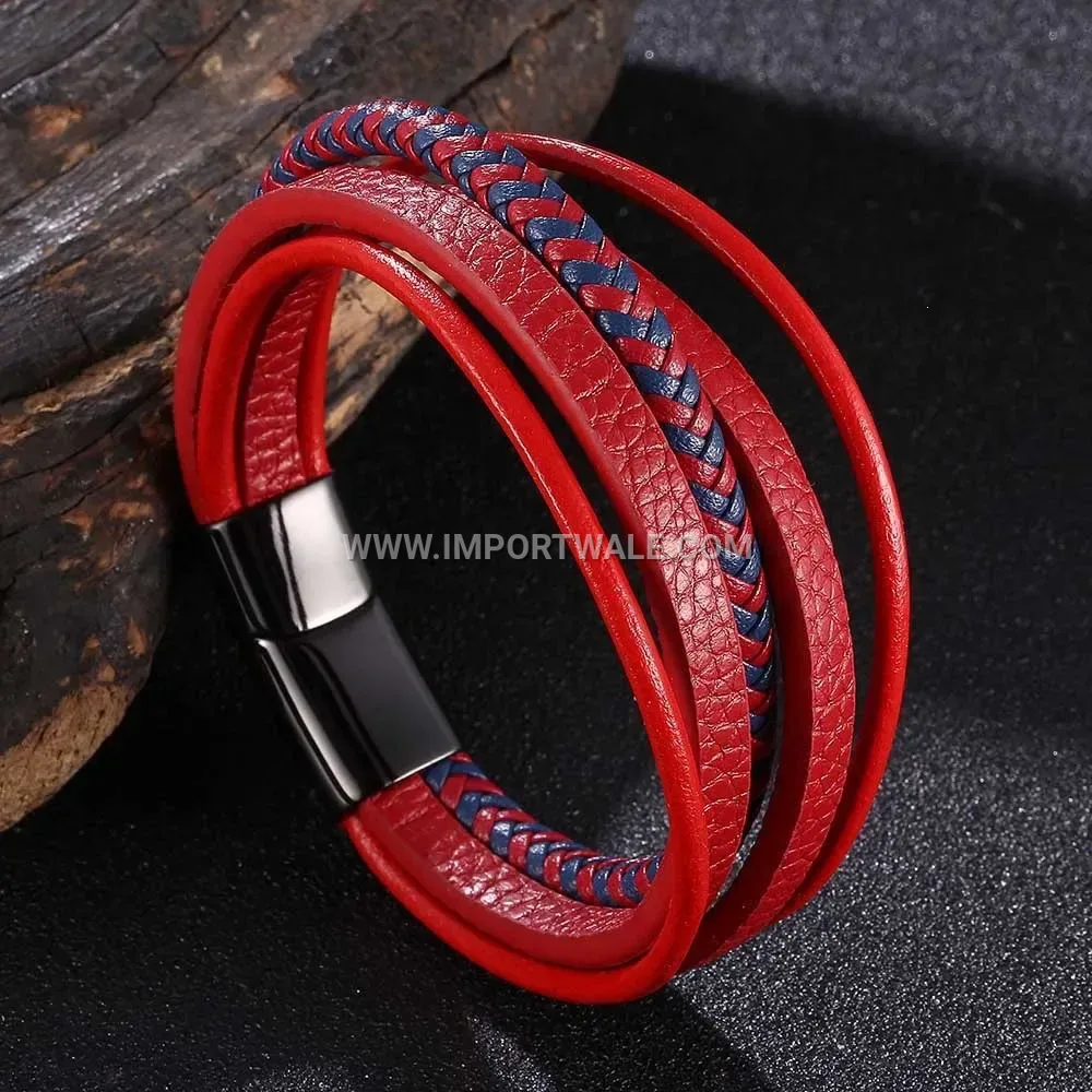 Two-Tone Woven Leather Wristband with Stainless Steel Magnetic Buckle