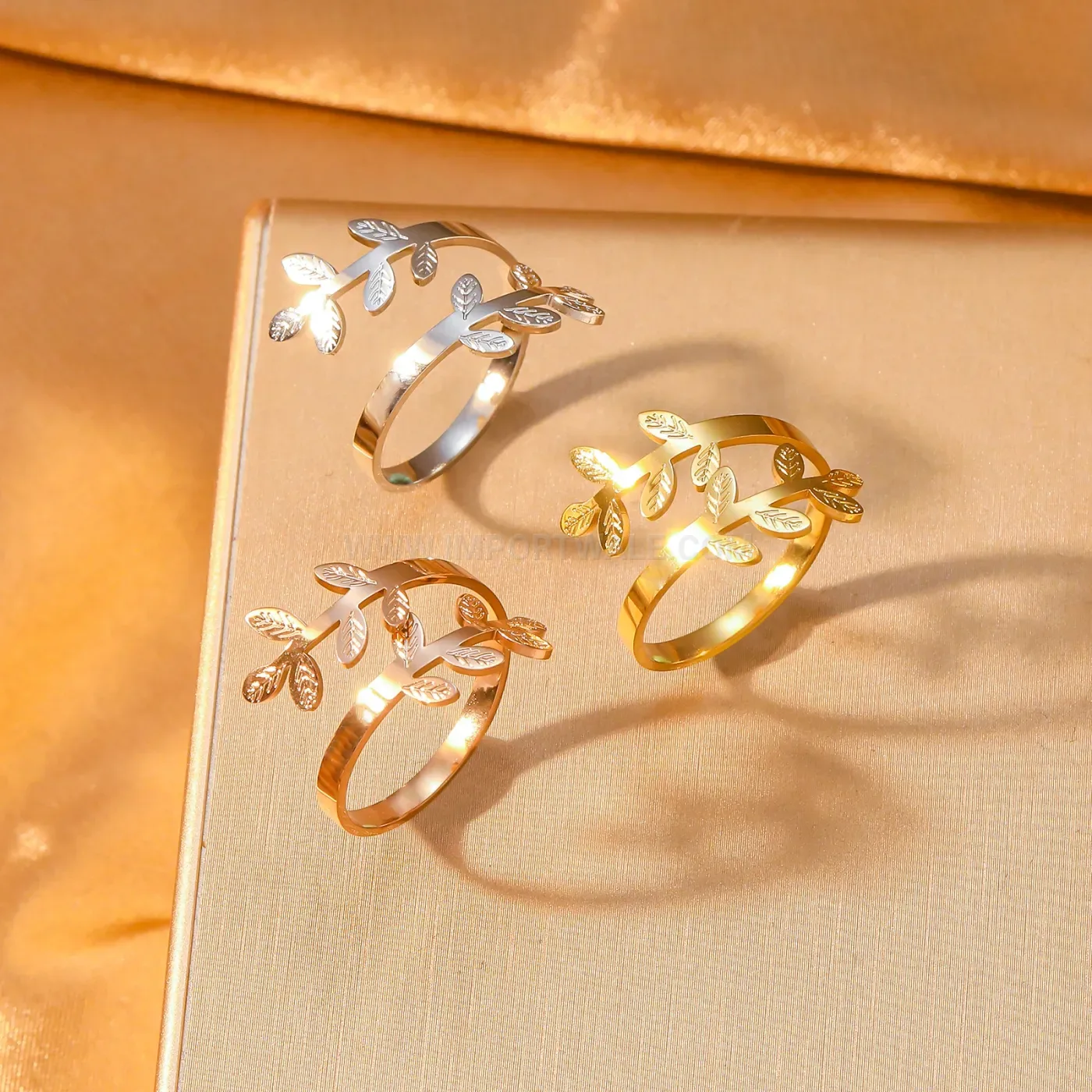 Elegant Minimalist Gold Plated Stainless Steel Leaf Branch Open Band Ring
