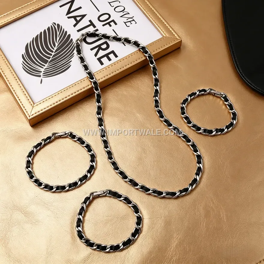 Stainless Steel and Leather Chain Link Combination Bracelet