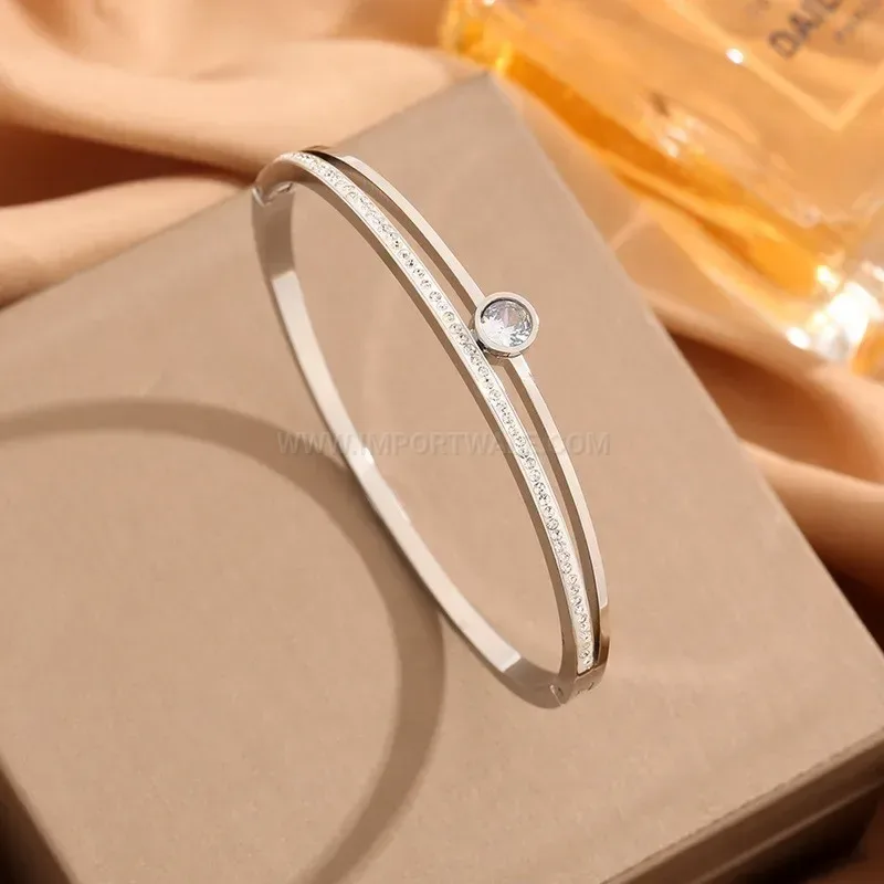 Bold Sparkling Crystal Open Cuff Titanium Steel Bangle
