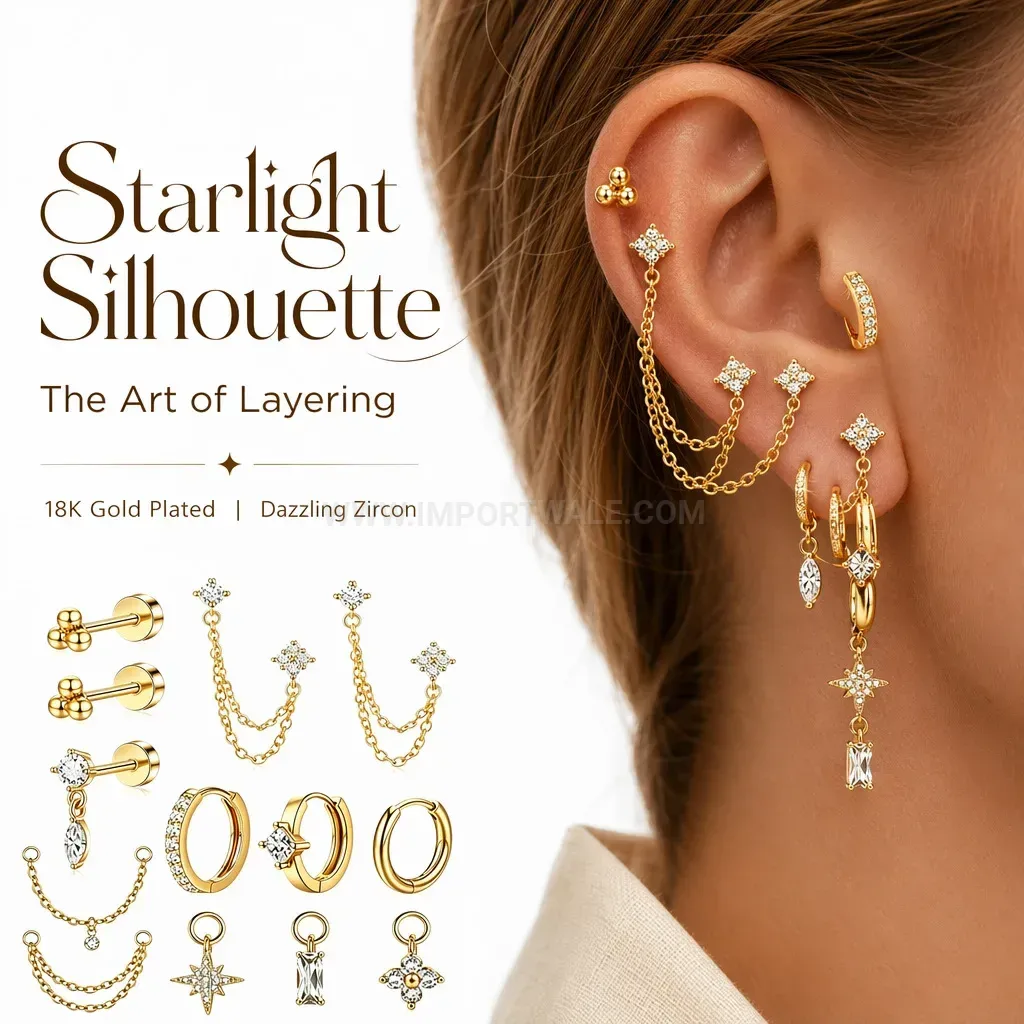 Modern Delicate Cubic Zirconia Stainless Steel Huggie and Cartilage Earring Set