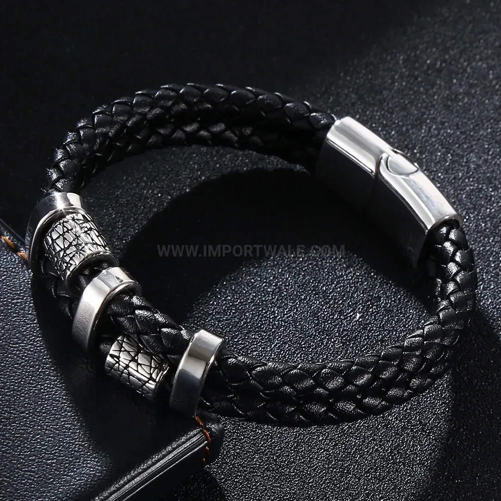 Woven Leather Cording Bracelet with Stainless Steel Magnetic Clasp
