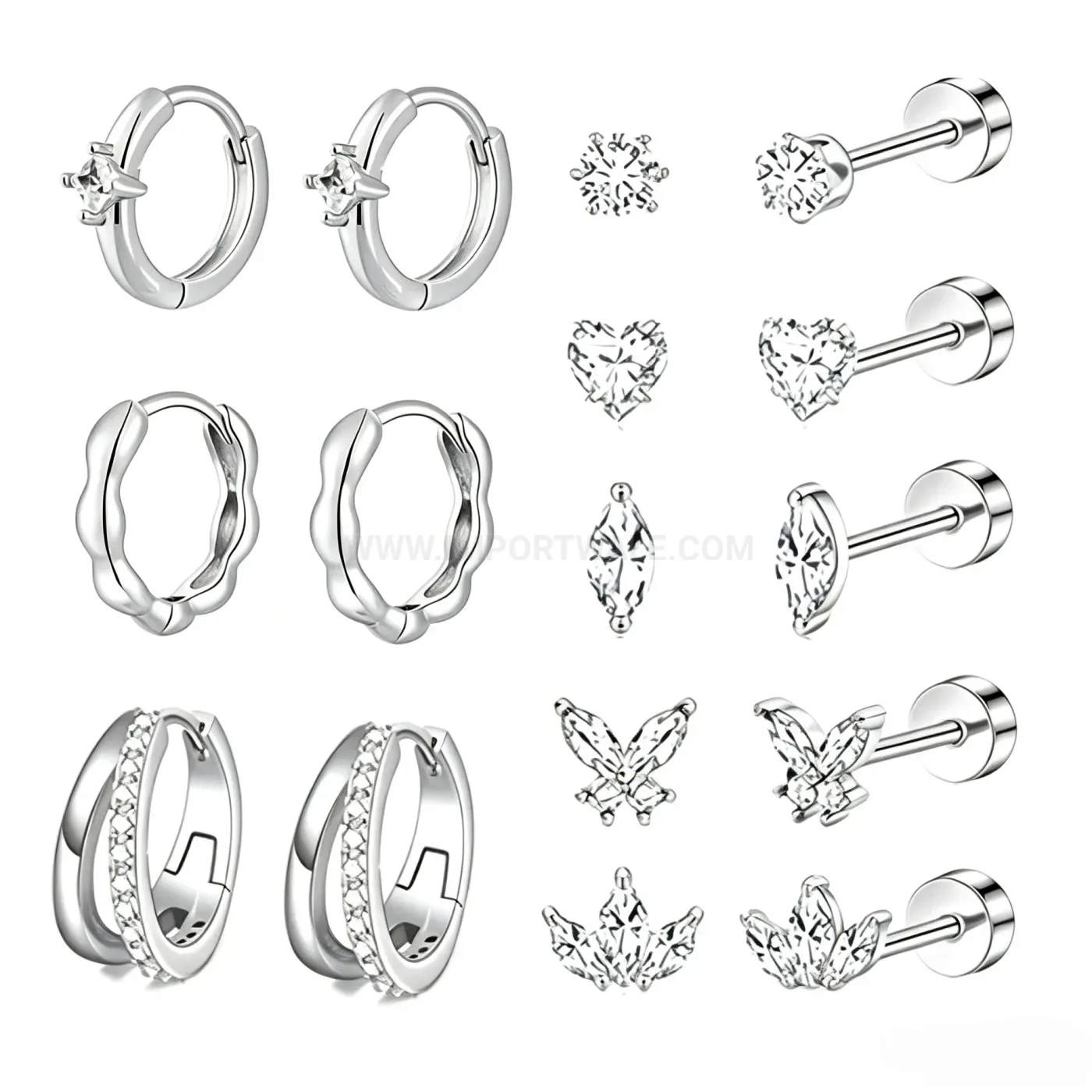 Stylish Stainless Steel Rhinestone Wave Heart Butterfly Stud Earring Set
