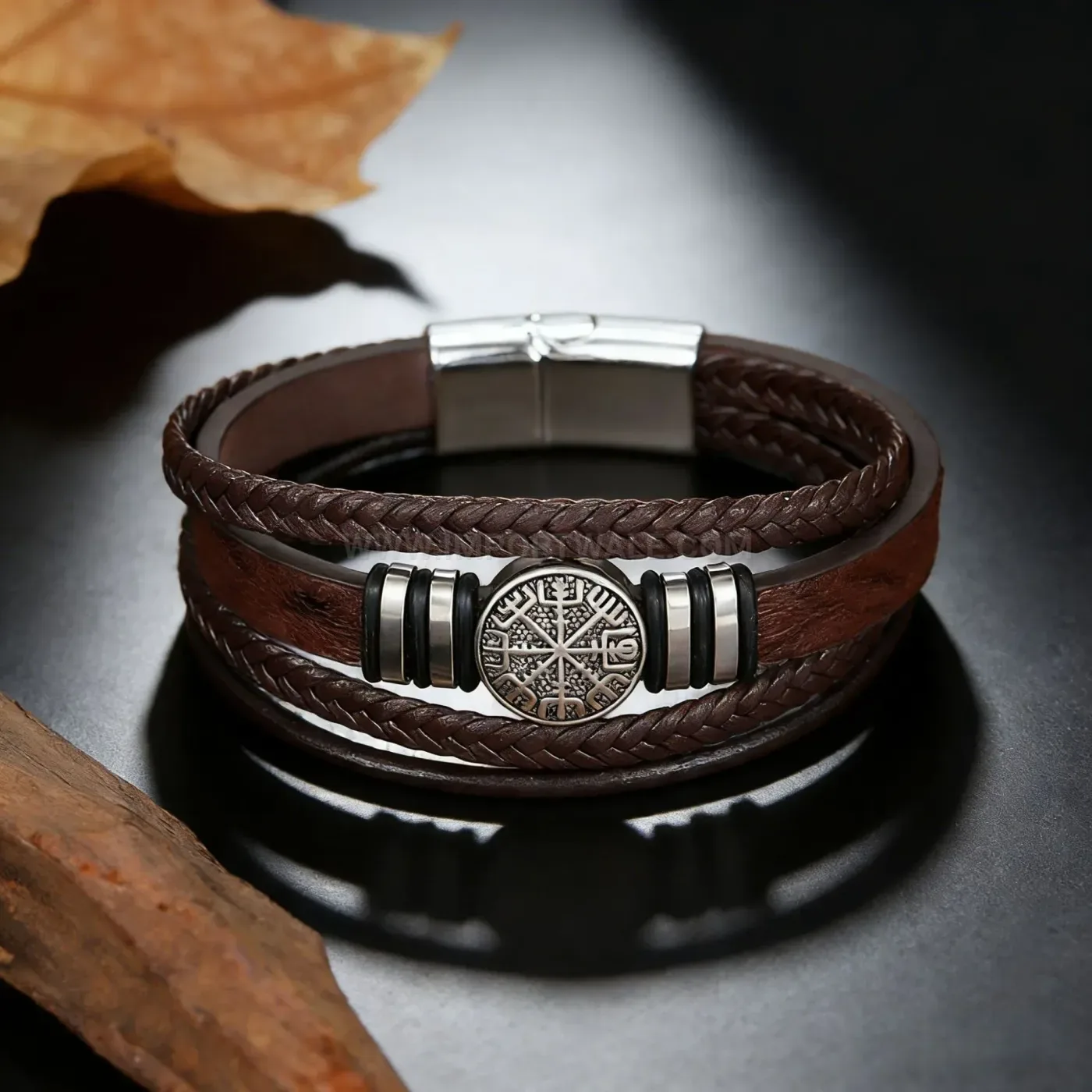 Stylish Viking Compass Alloy Charm Woven Leather Bracelet with Magnetic Clasp