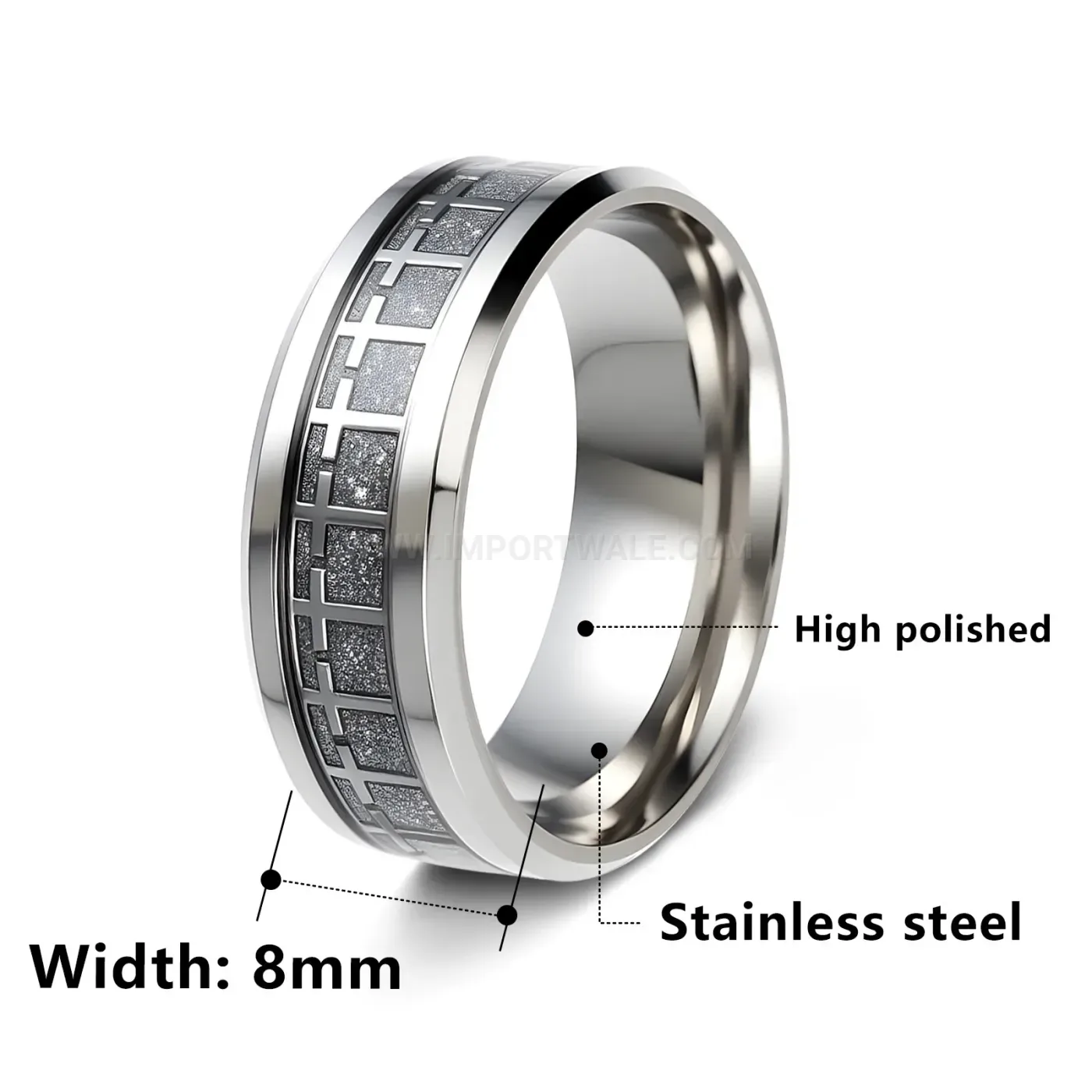 Stainless Steel Wide Band Ring with Cross Texture