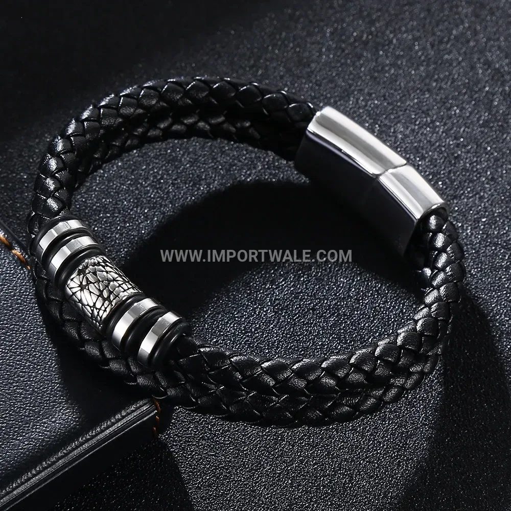 Double-Wrap Braided Leather Stainless Steel Bracelet with Magnetic Clasp