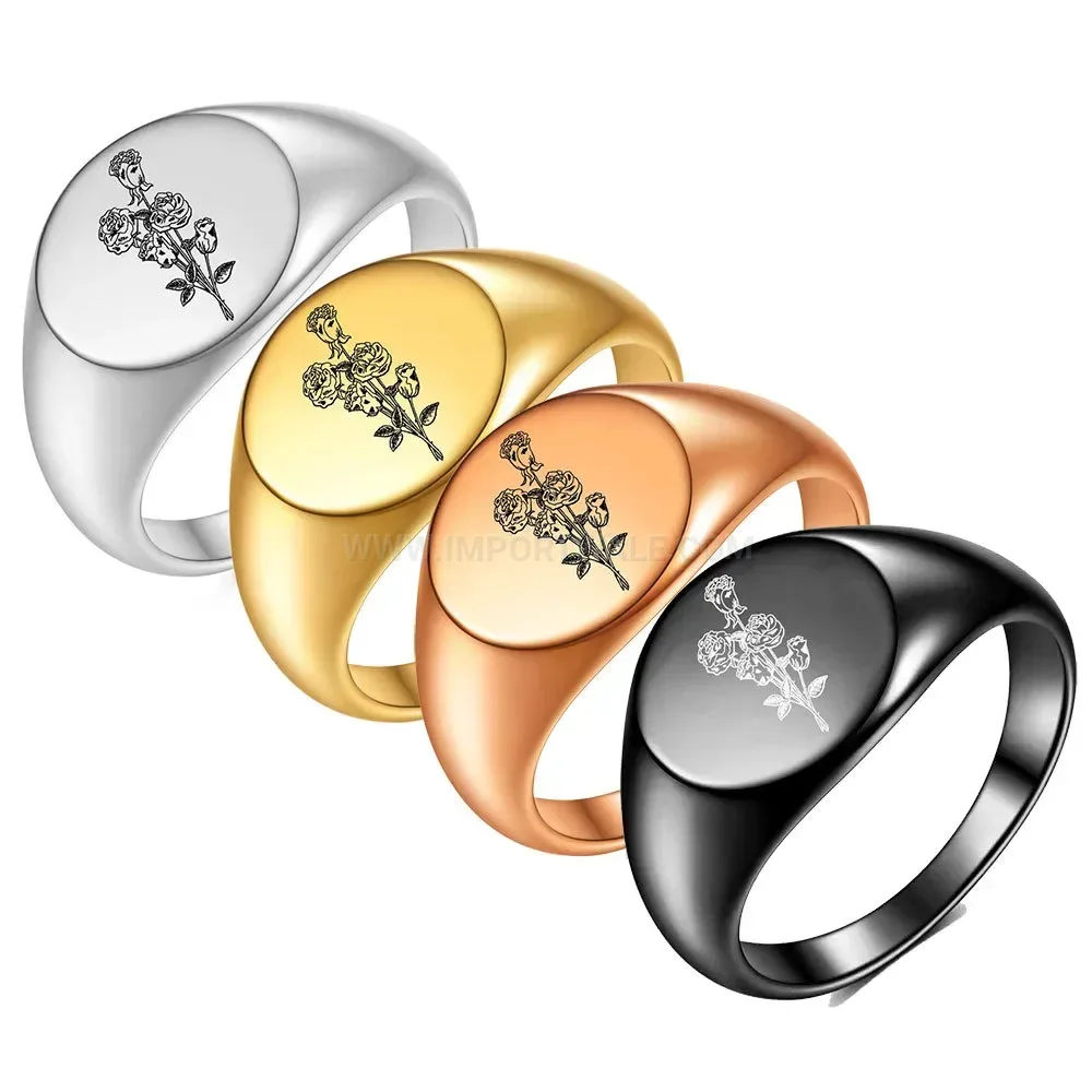 Classic Engraved Stainless Steel Rose Flower Signet Ring
