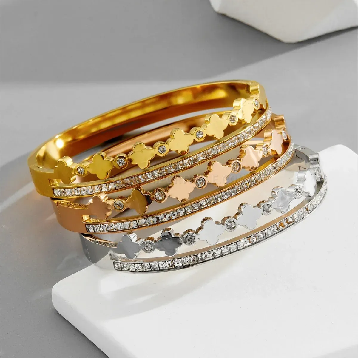 Rhinestone Four-Leaf Clover Layered Stainless Steel Bangle