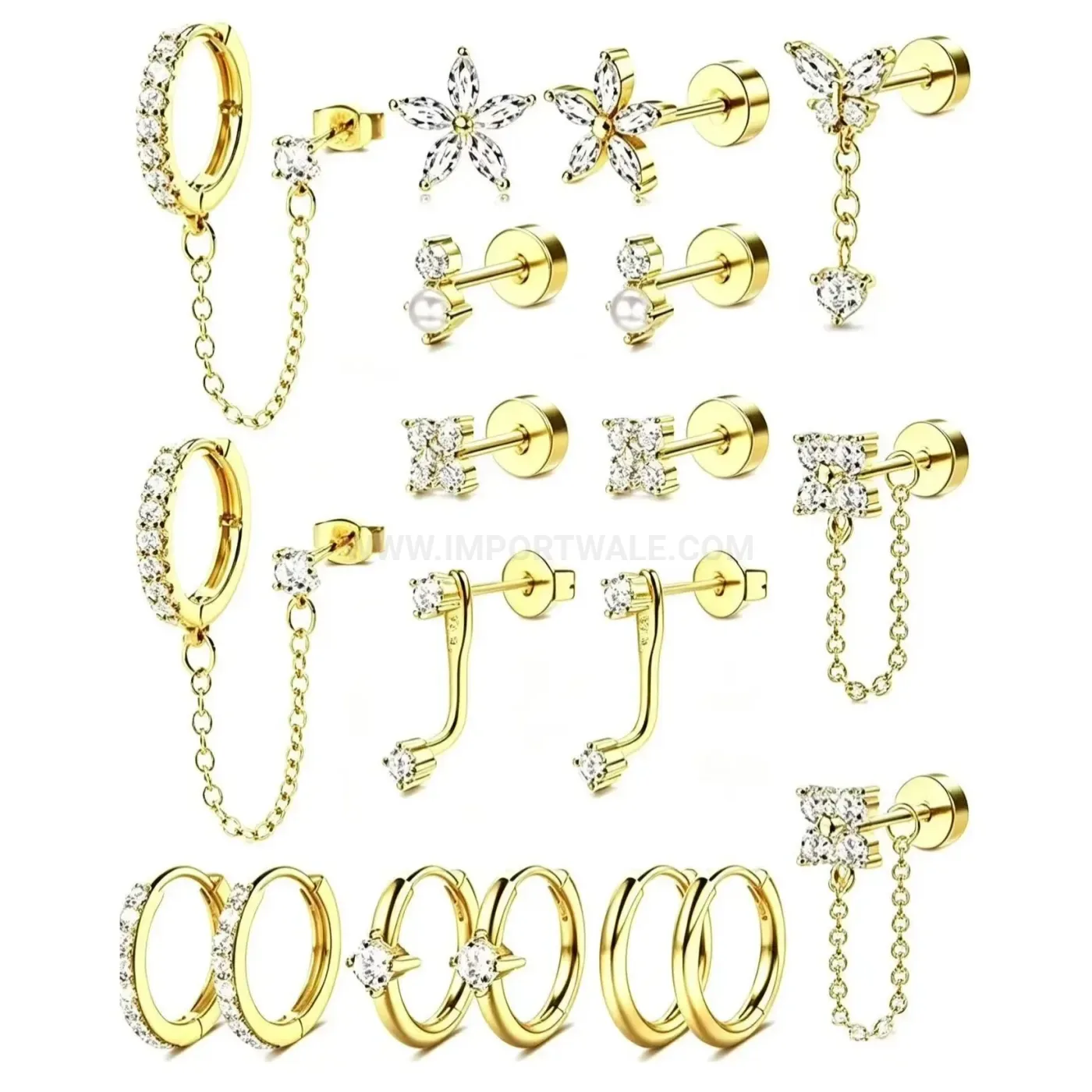 Modern Sparkling Rhinestone Geometric Chain Stainless Steel Ear Piercing Set