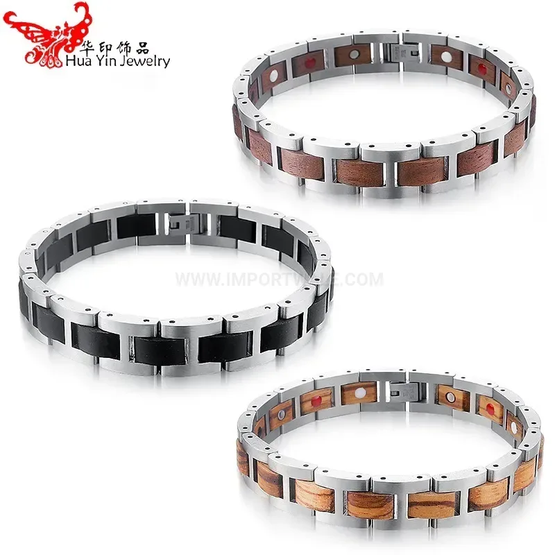 Designer Mahogany Wood Inlaid Titanium Steel Bio Magnetic Bracelet