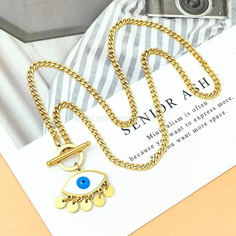 Trendy Evil Eye Shell Tassel Necklace with Toggle Clasp Titanium Steel