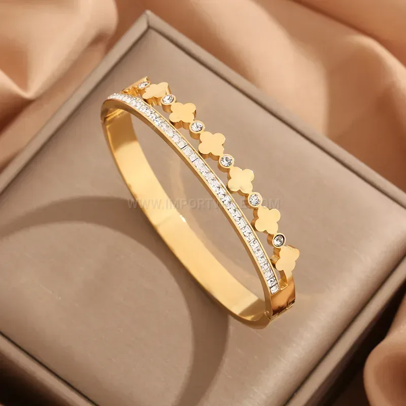 Four Leaf Clover Pave Open Bangle Bracelet