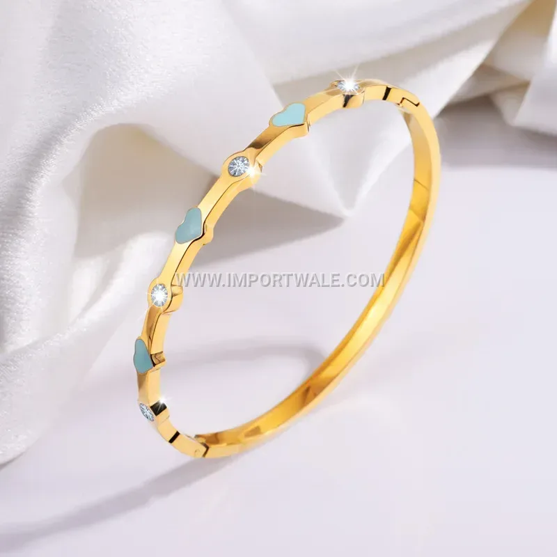 Enameled Heart Zircon 18K Gold Plated Stainless Steel Bracelet