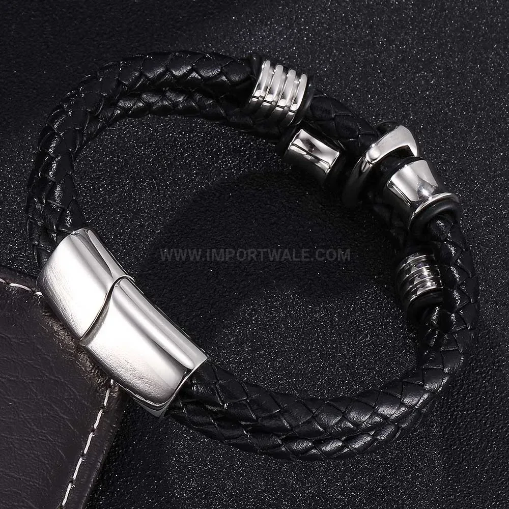Bold Stainless Steel Skull Accent Braided Leather Bracelet with Magnetic Clasp