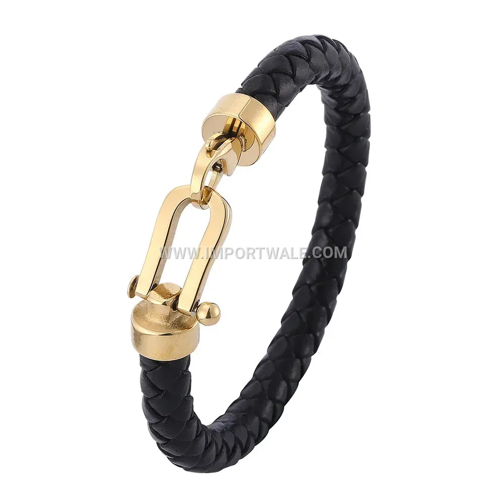 Woven Leather Horseshoe Clasp Bracelet with Stainless Steel Details