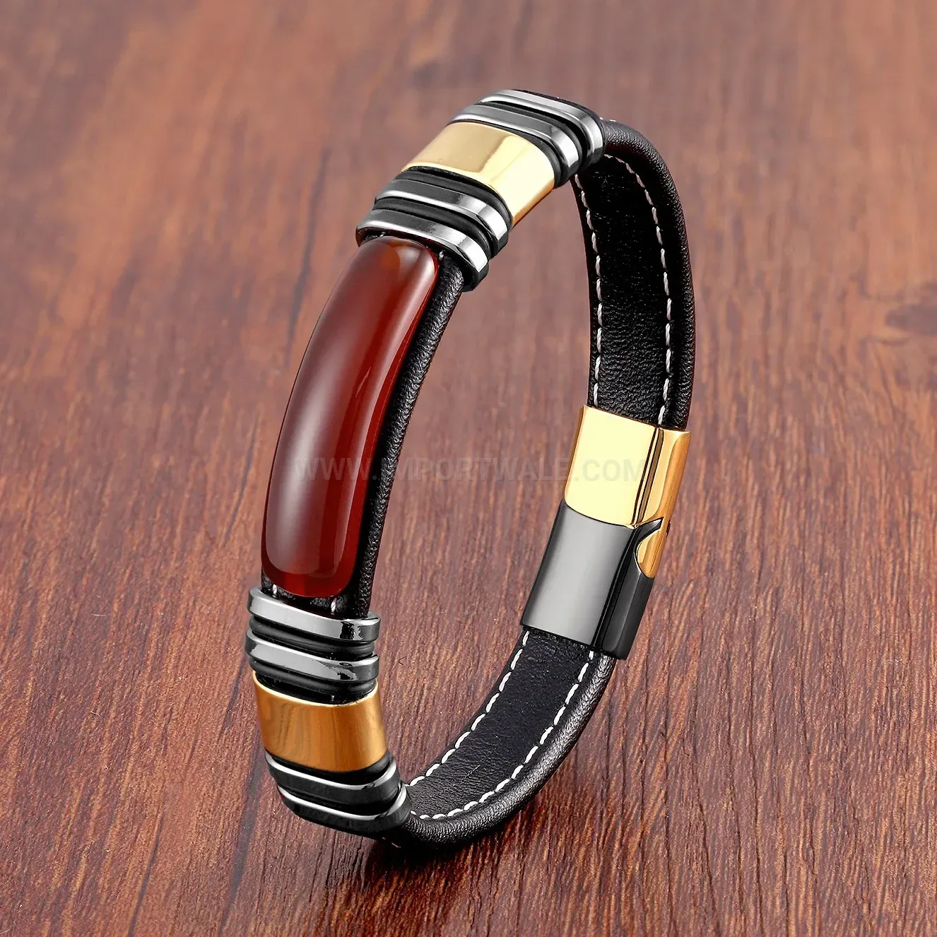 Men Retro Leather Rope Stone Bracelet Stainless Steel Clasp