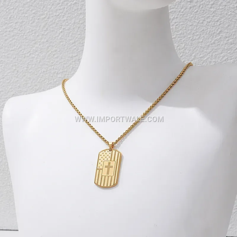 Gold Plated Stainless Steel Flag Cross Dog Tag Pendant Necklace