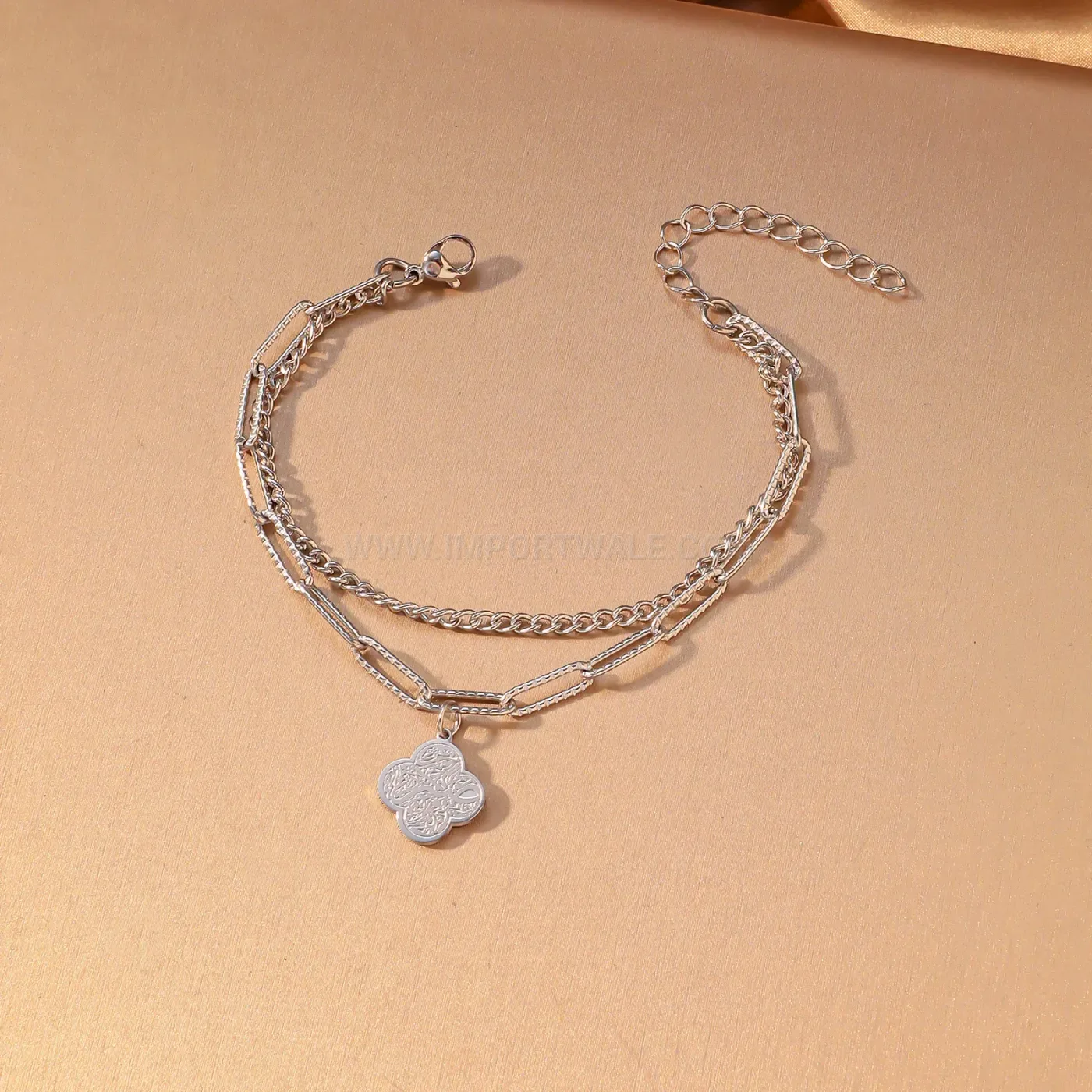 Layered Stainless Steel Arabic Calligraphy Clover Link Chain Bracelet