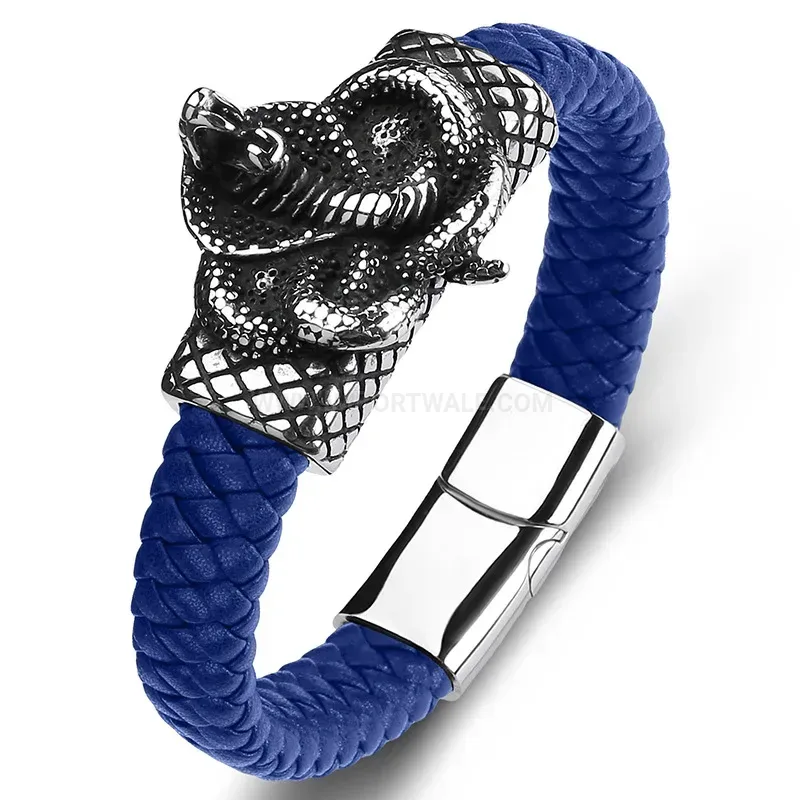 Modern Cobra Emblem Stainless Steel Genuine Leather Men Bracelet