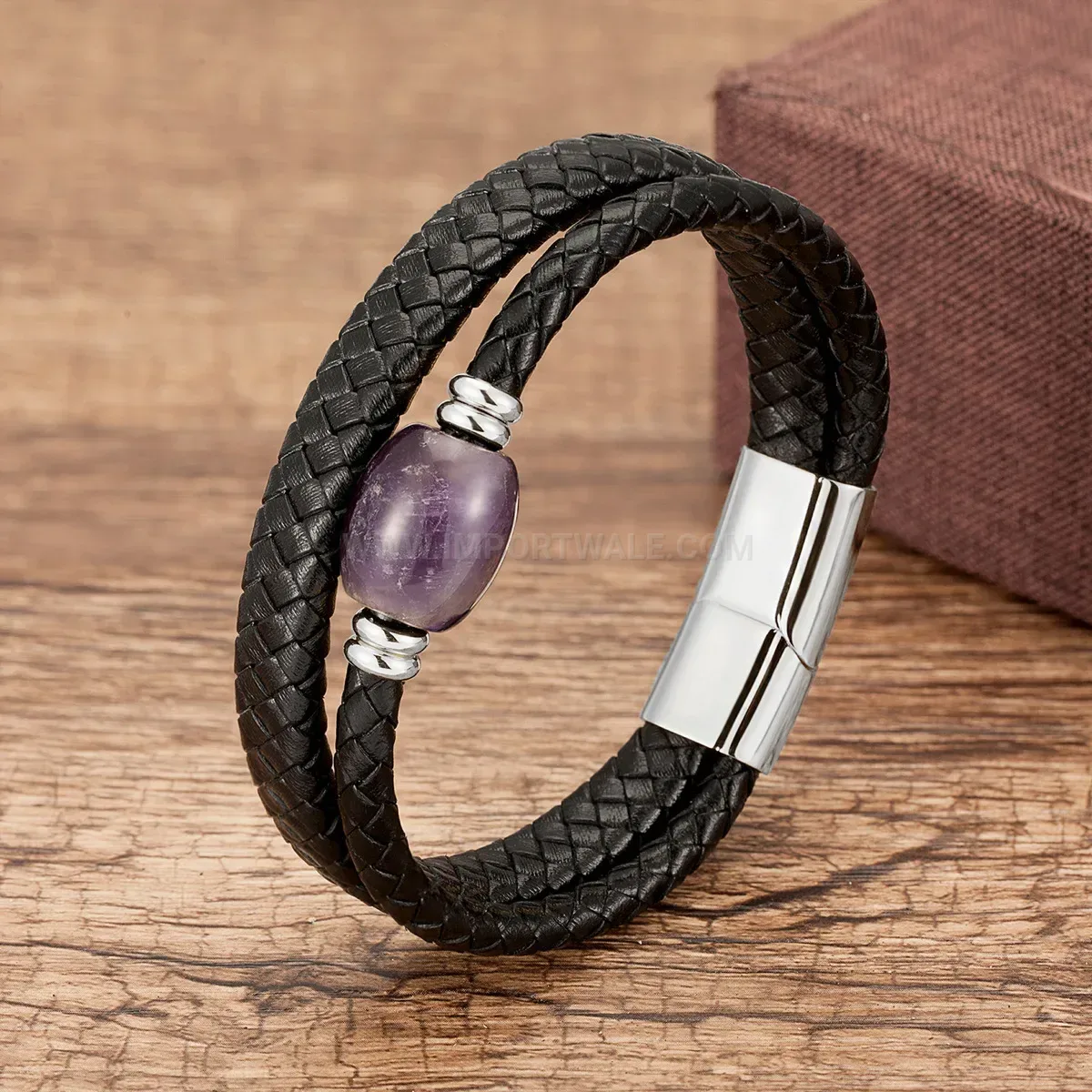 Handcrafted Braided Leather Stone Bracelet with Stainless Steel Clasp