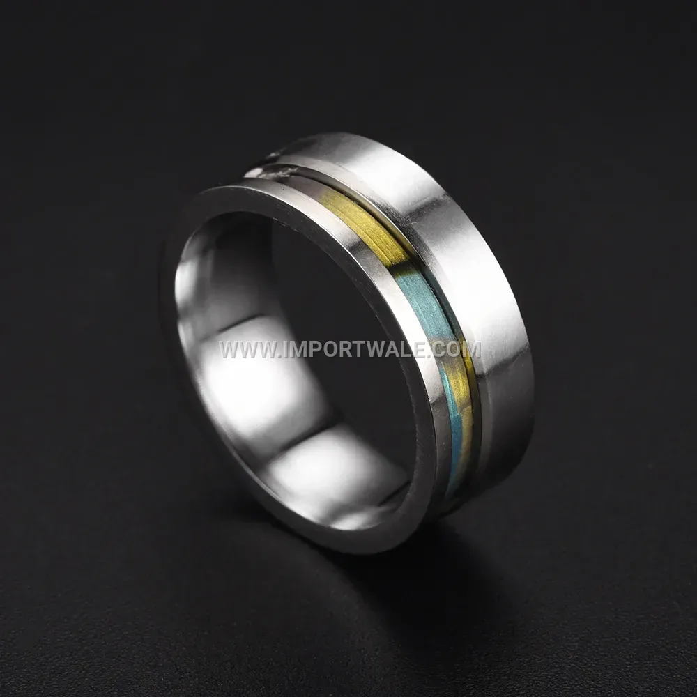 Stainless Steel Grooved Inlay Ring with Iridescent Shell Motif