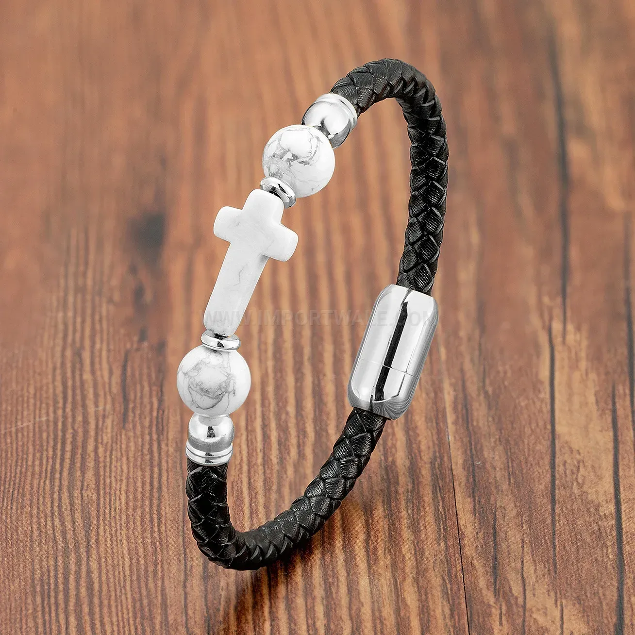 Handwoven Leather Rope Bracelet with Natural Stone and Stainless Clasp