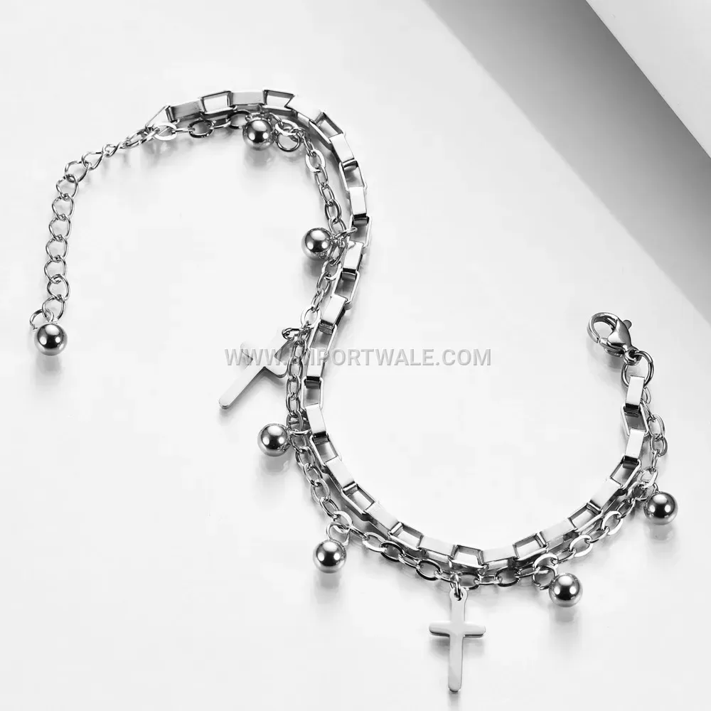 Double Layer Stainless Steel Bead and Cross Charm Chain Bracelet