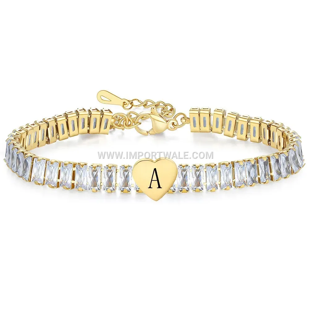 Gold Plated Stainless Steel Cubic Zirconia Heart Alphabet Bracelet