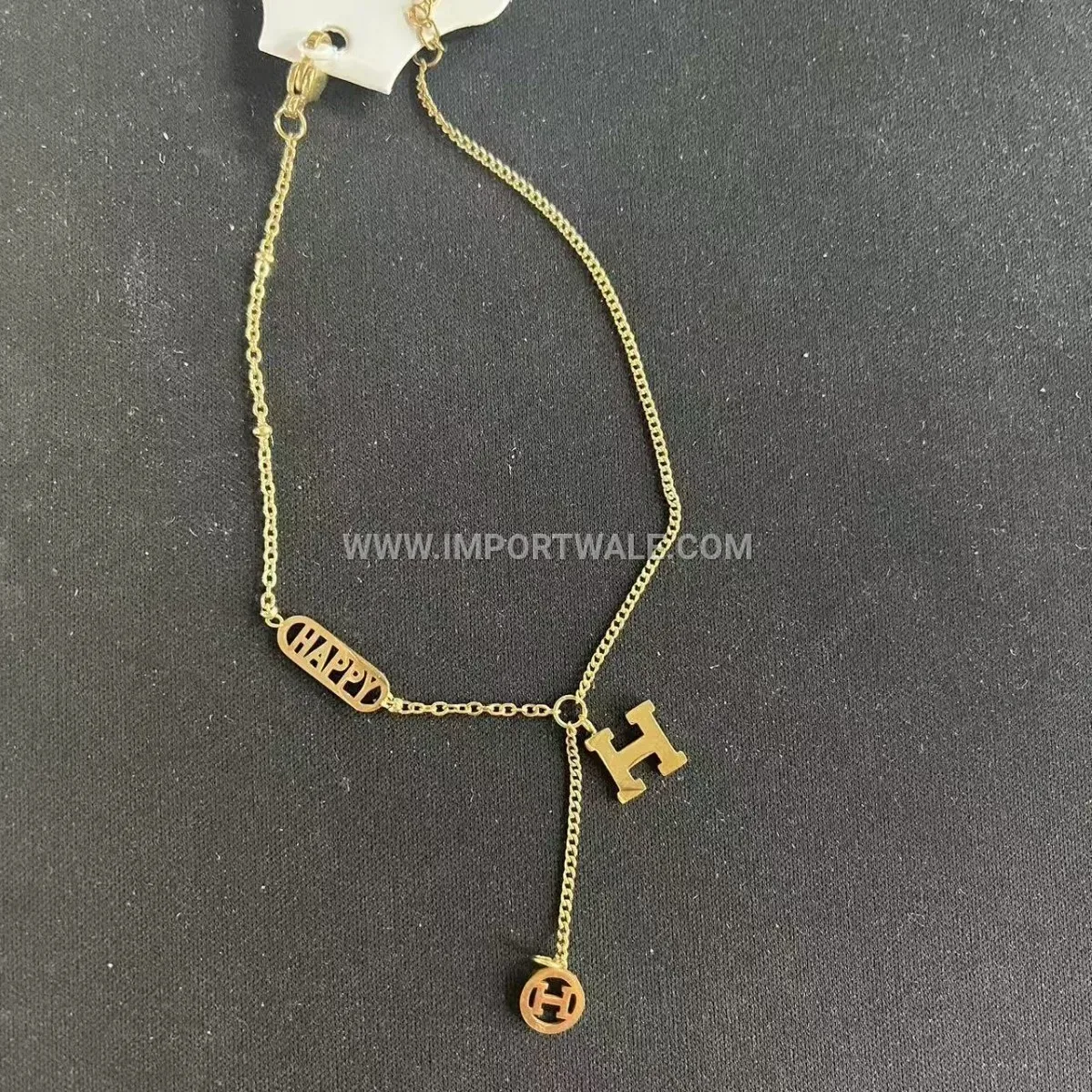 Golden Stainless Steel H-Link Anklet with Heart Accent