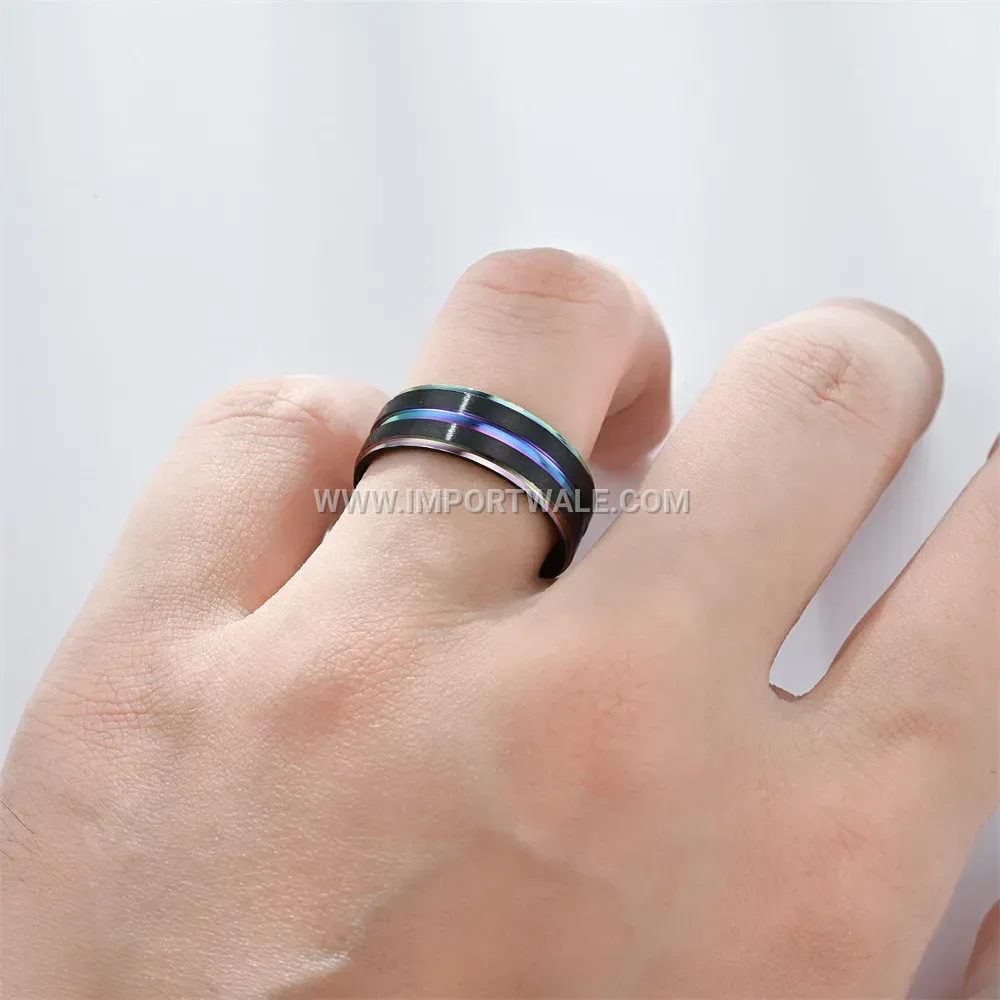 Two-Tone Black and Rainbow Stainless Steel Ring