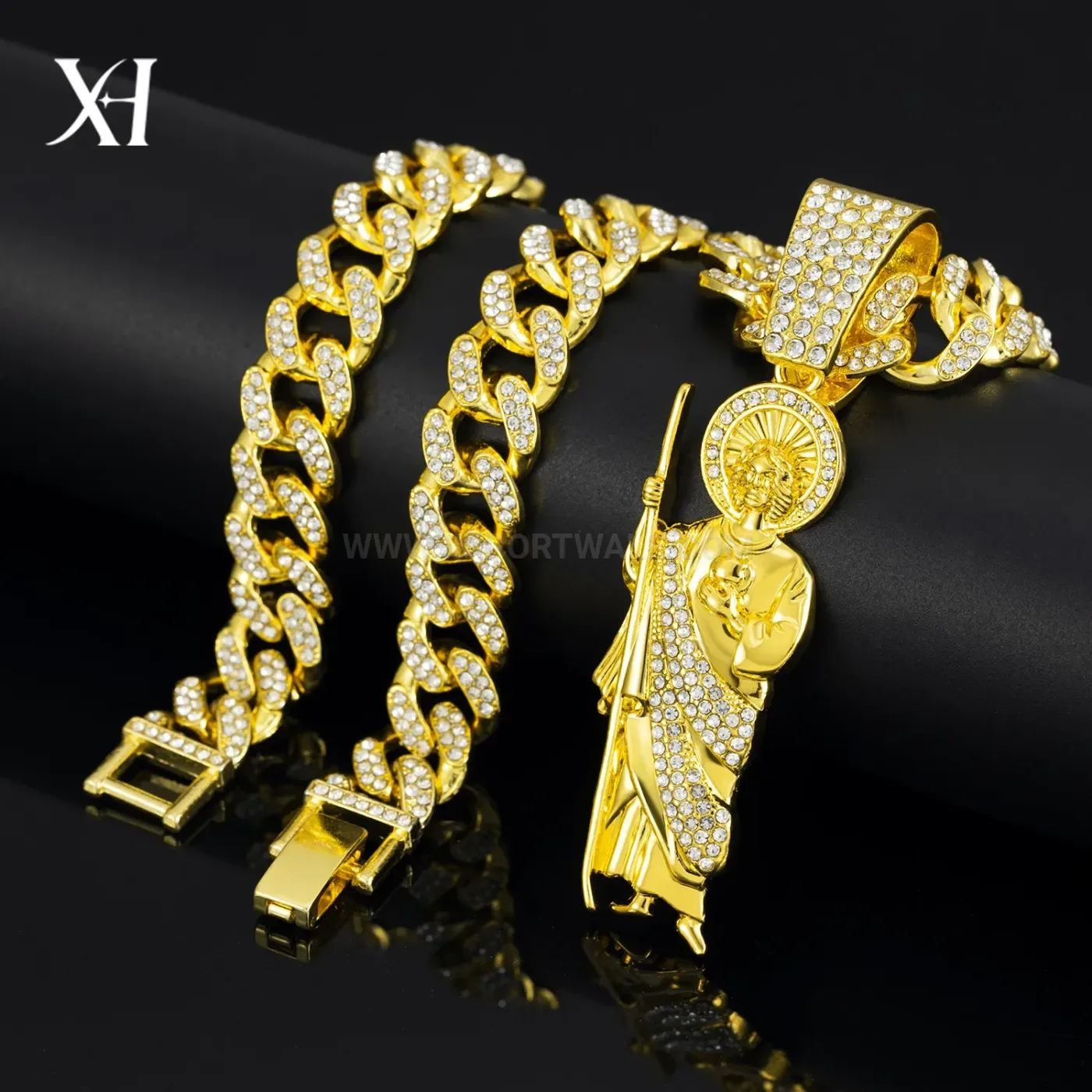 Modern Religious Figure Rhinestone Pendant Cuban Link Necklace