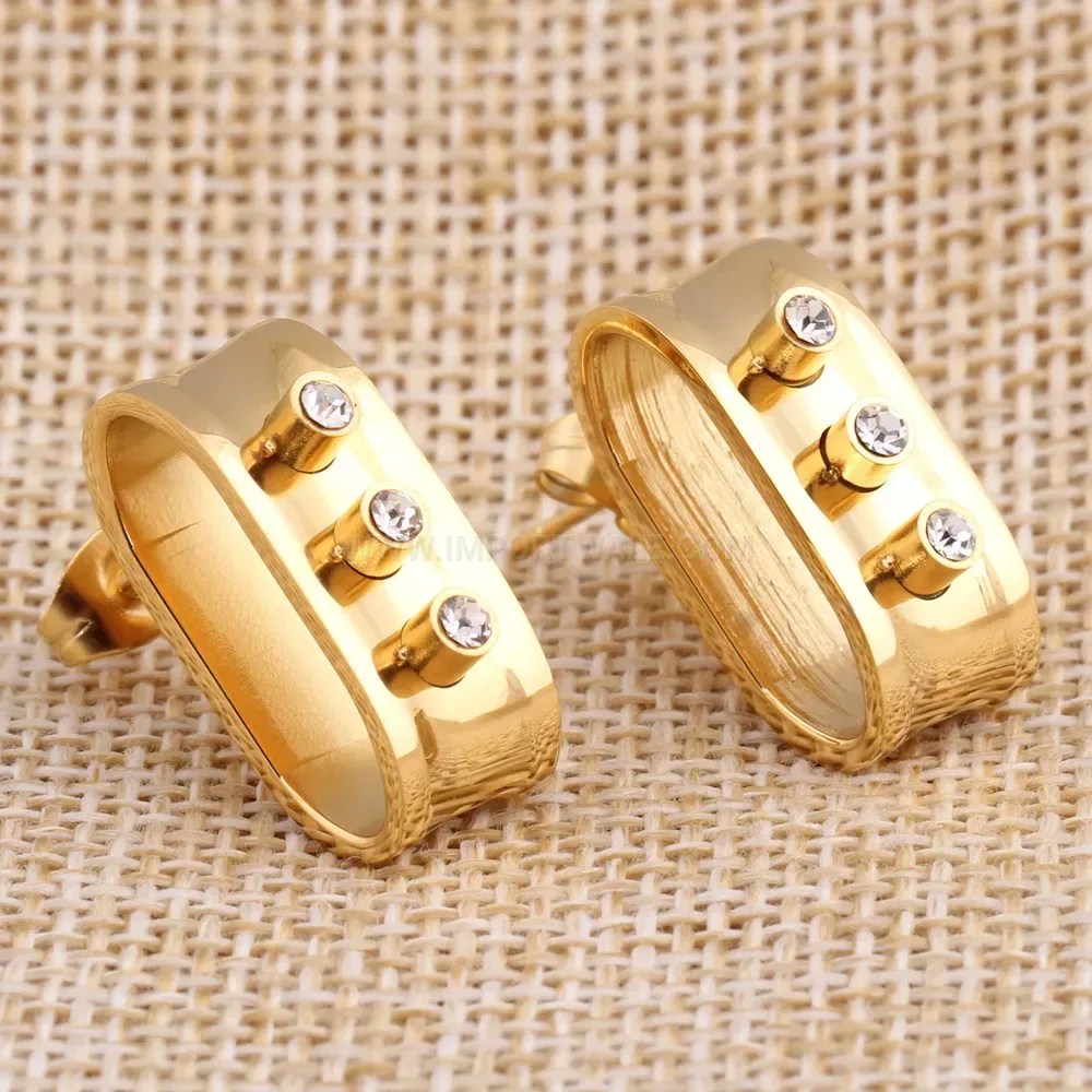 Trendy 18K Gold Plated Belt Buckle Rhinestone Stainless Steel Stud Earrings