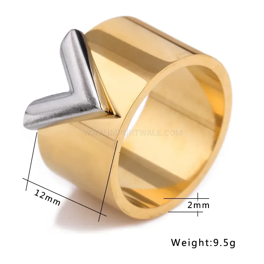 Stylish Two Tone Stainless Steel Wide V Letter Band Ring