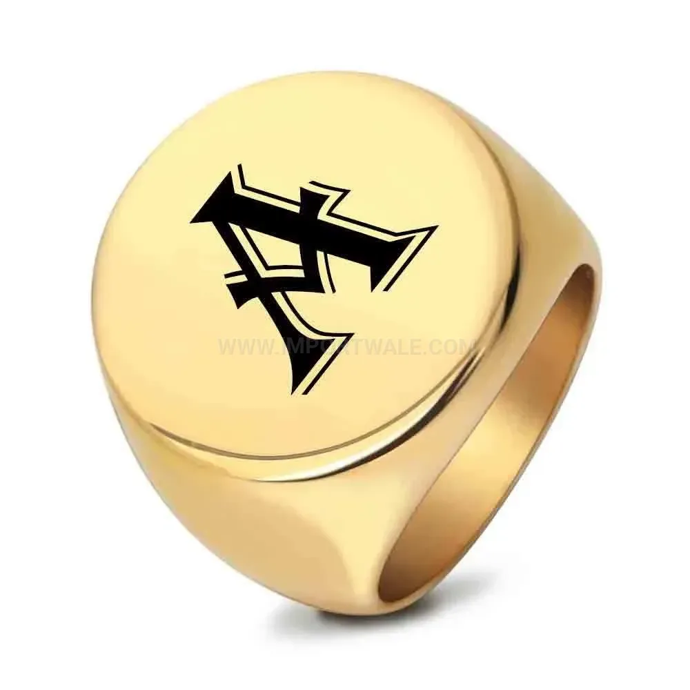 Stylish Laser Engraved Initial 22mm Round Stainless Steel Gold Signet Ring