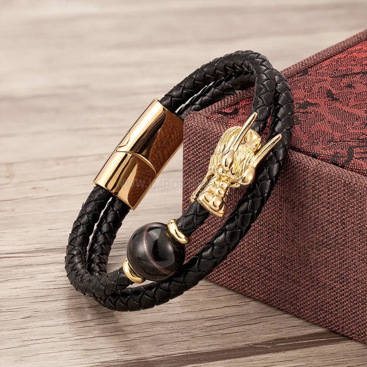 Dragon Head Double Strand Leather Stone Bracelet with Stainless Clasp