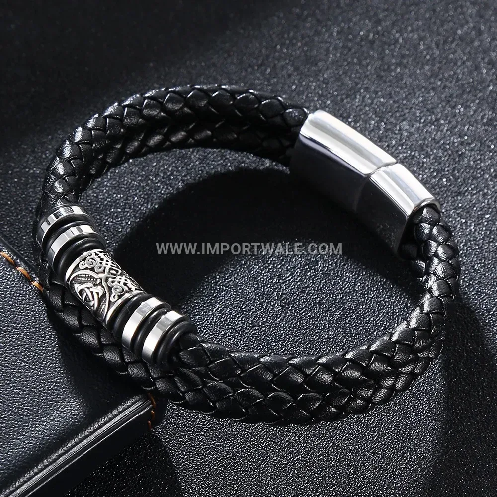 Engraved Stainless Steel Motif Braided Leather Wristband